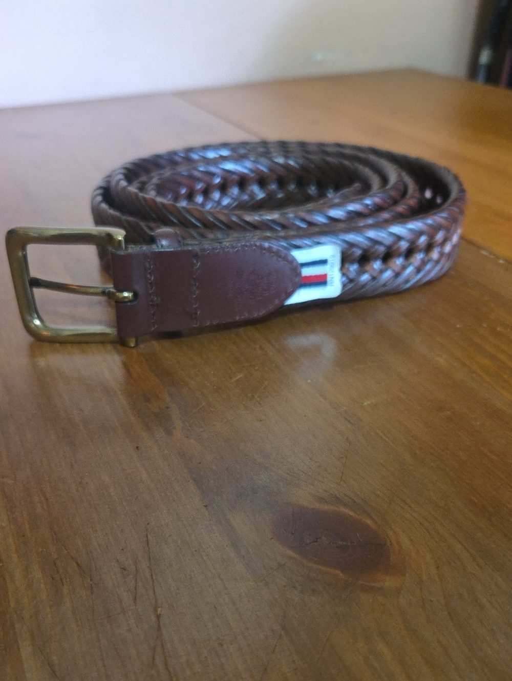 Tommy Hilfiger Brown Leather Belt with Brass Buckle Mens Big And Tall Adjustable